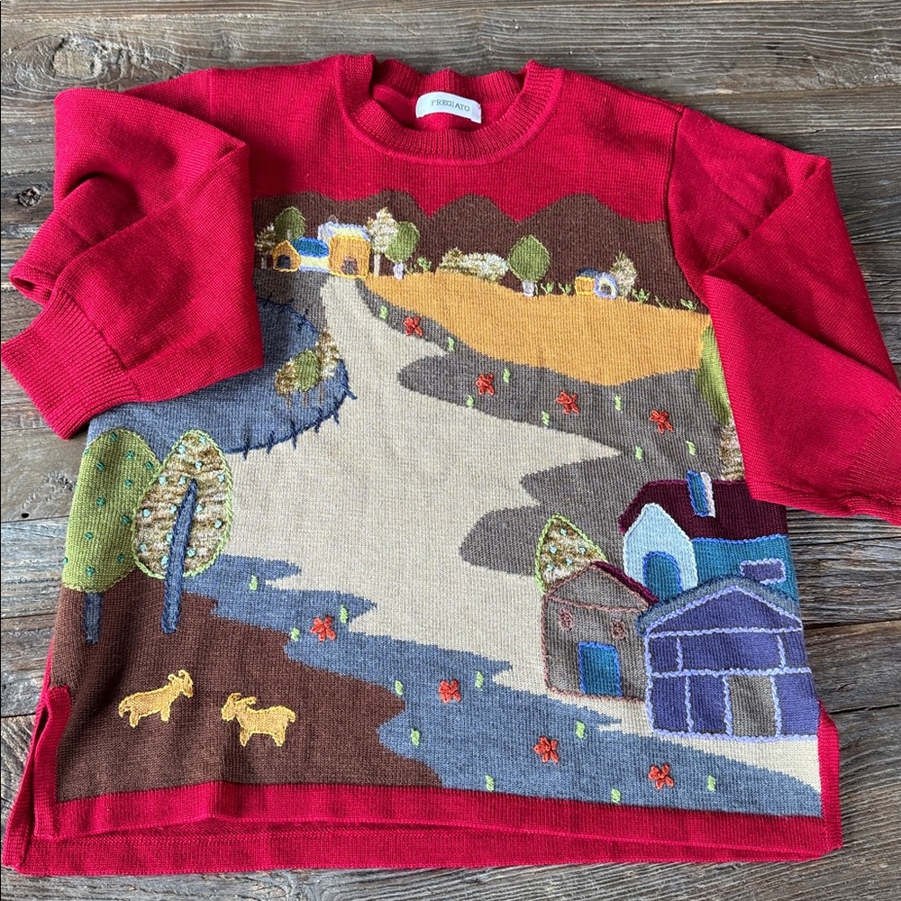 Pregiato wool blend farm scene embroidery knit sweater EVC